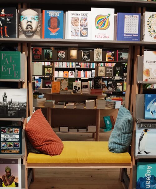 A book nook with surrounding shelves