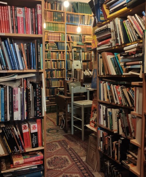 A dimly lit old book shop with floor to ceiling shelves. Books lie on the floors and worn carpets cover the aisles.