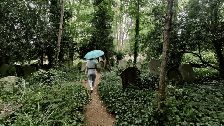 Alice walks on a path. Graves covered in ivy stand in a forest cemetery