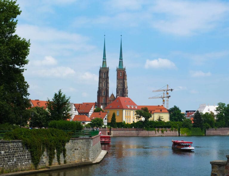 The island of Ostrow Tumski. The Cathedral of St John the Baptist towers rise in the background.