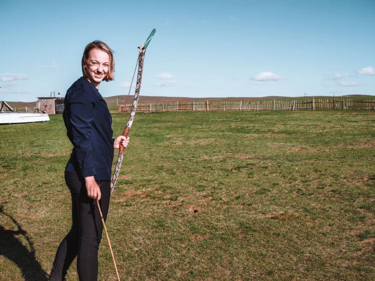 Alice practicing archery in central mongolia